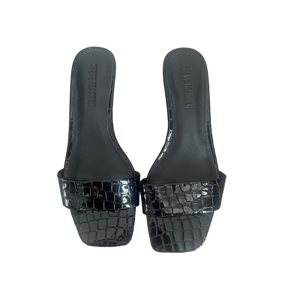 Black Steve Madden Trinity Crocodile Embossed Square Toe Kitten Heel Miles S-7